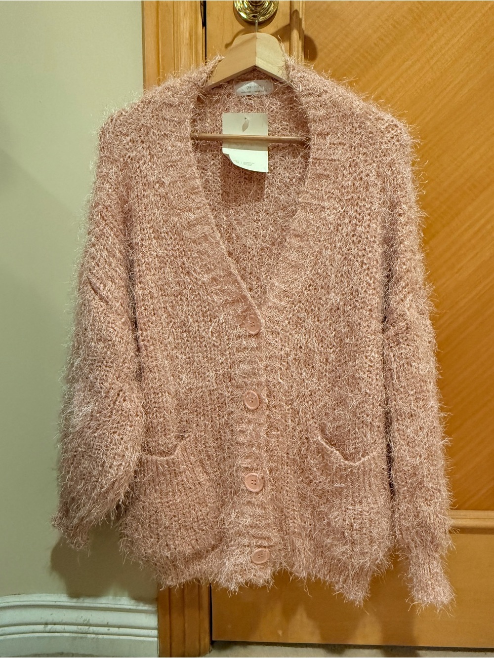 Oak+Fort Cozy Blush Pink Fuzzy Button-Up Women's Cardigan Sweater Size S